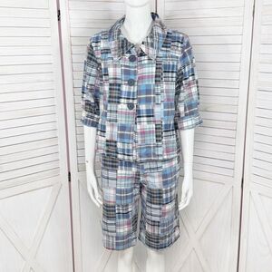Vintage Merona Madras Patchwork Plaid Crop Blazer Shorts Set Blue Medium 8